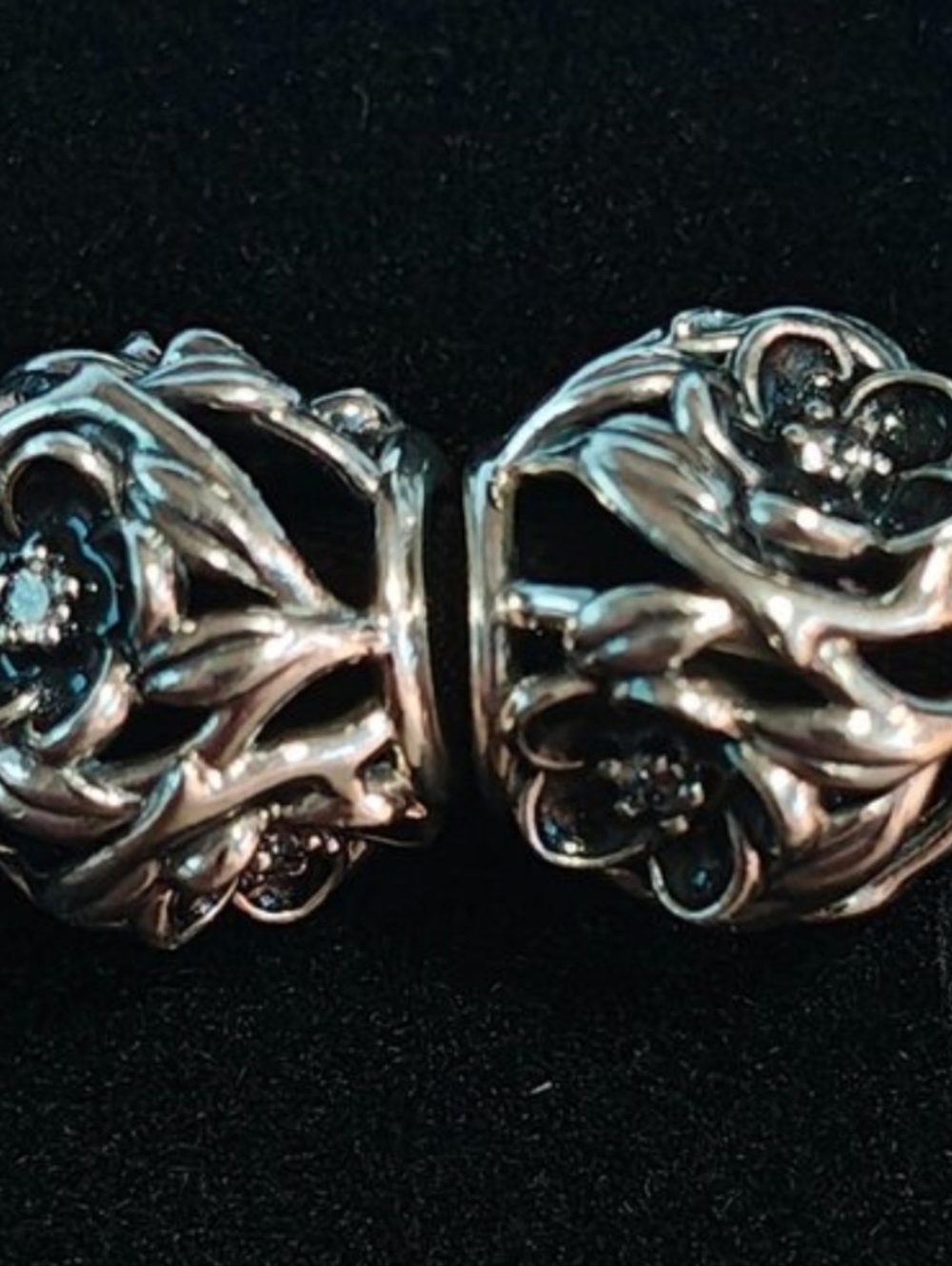 Pandora Retired Mystic Floral Beads with Clear Zirconia and Black Enamel
